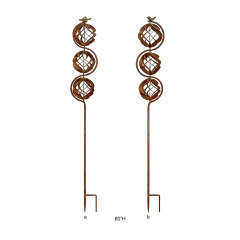 Tri Blossomy 60 Inch 2-Style Weathered Rust Finish Stacked Triple Open Lattice Sphere Perched Bird Metal Garden Yard Stake Mixed Set
