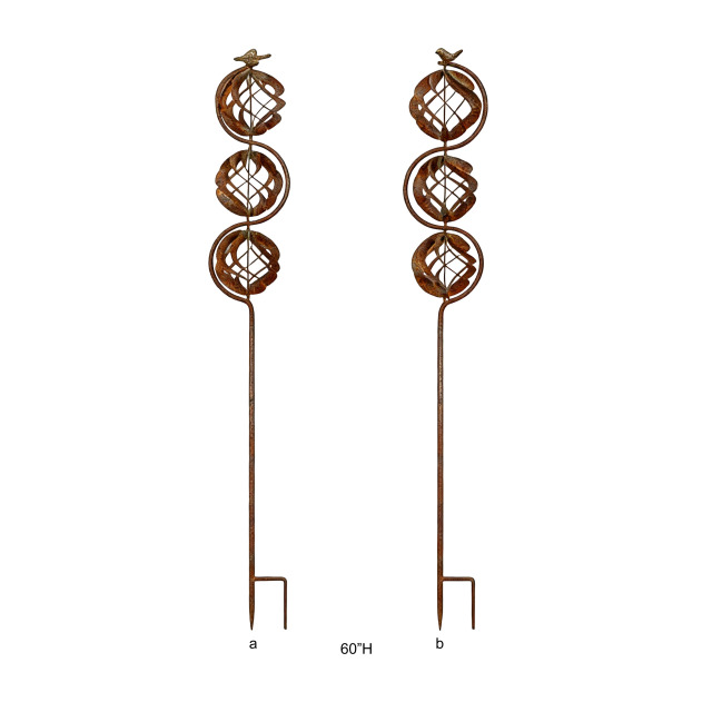 Tri Blossomy 60 Inch 2-Style Weathered Rust Finish Stacked Triple Open Lattice Sphere Perched Bird Metal Garden Yard Stake Mixed Set