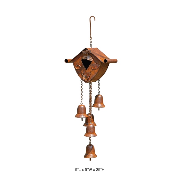 Tri Blossomy 29 Inch Weathered Rust Finish Butterfly & Floral Embossed Bird House Five Metal Bell Hanging Garden Wind Chime