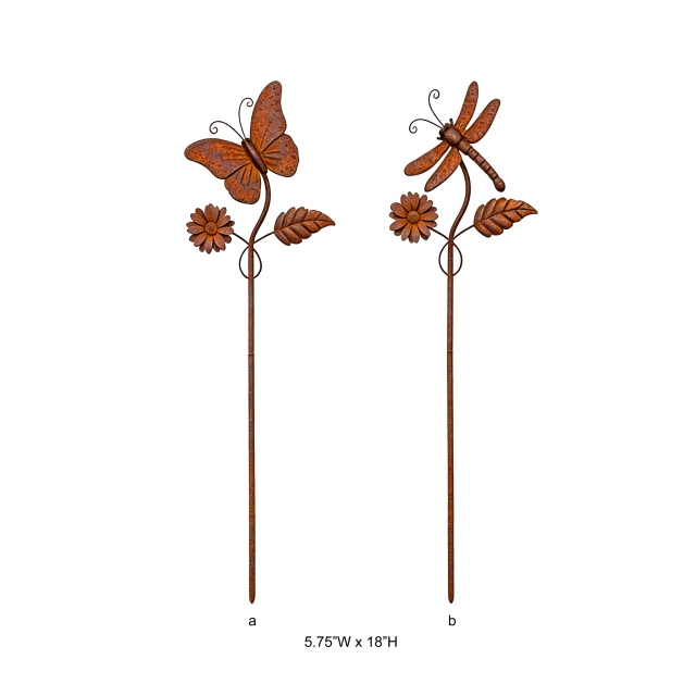Rust Metal Butterfly Dragonfly Flower Garden Stake