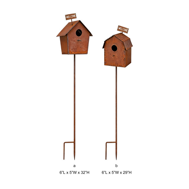 Tri Blossomy 29-32 Inch 2-Style Weathered Rust Finish Cottage Welcome Sign Metal Bird House Garden Yard Stake Mixed Set