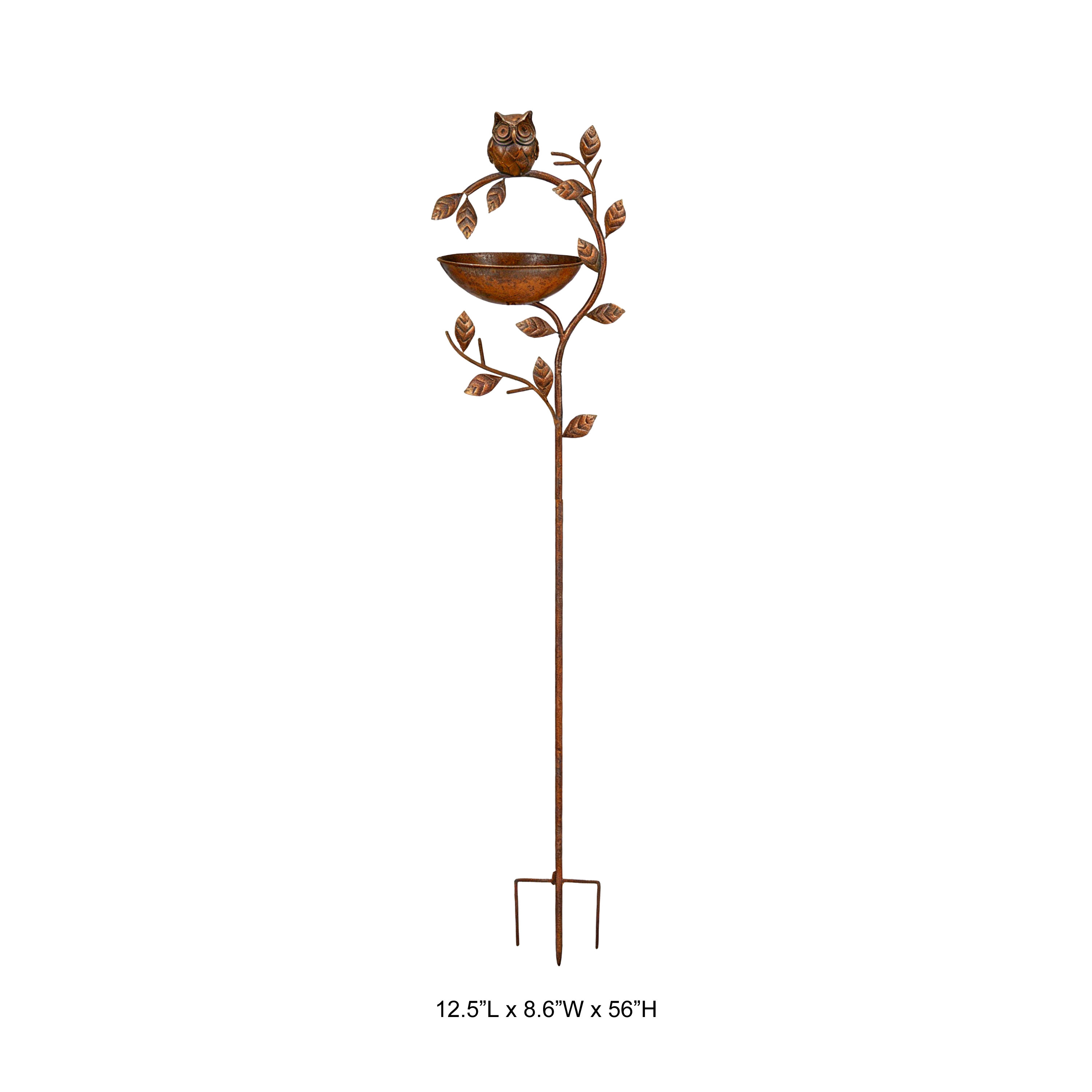 Tri Blossomy 56 Inch Weathered Rust Finish Curved Leaf Branch Owl Sculpture Shallow Metal Bird Bath Garden Yard Stake
