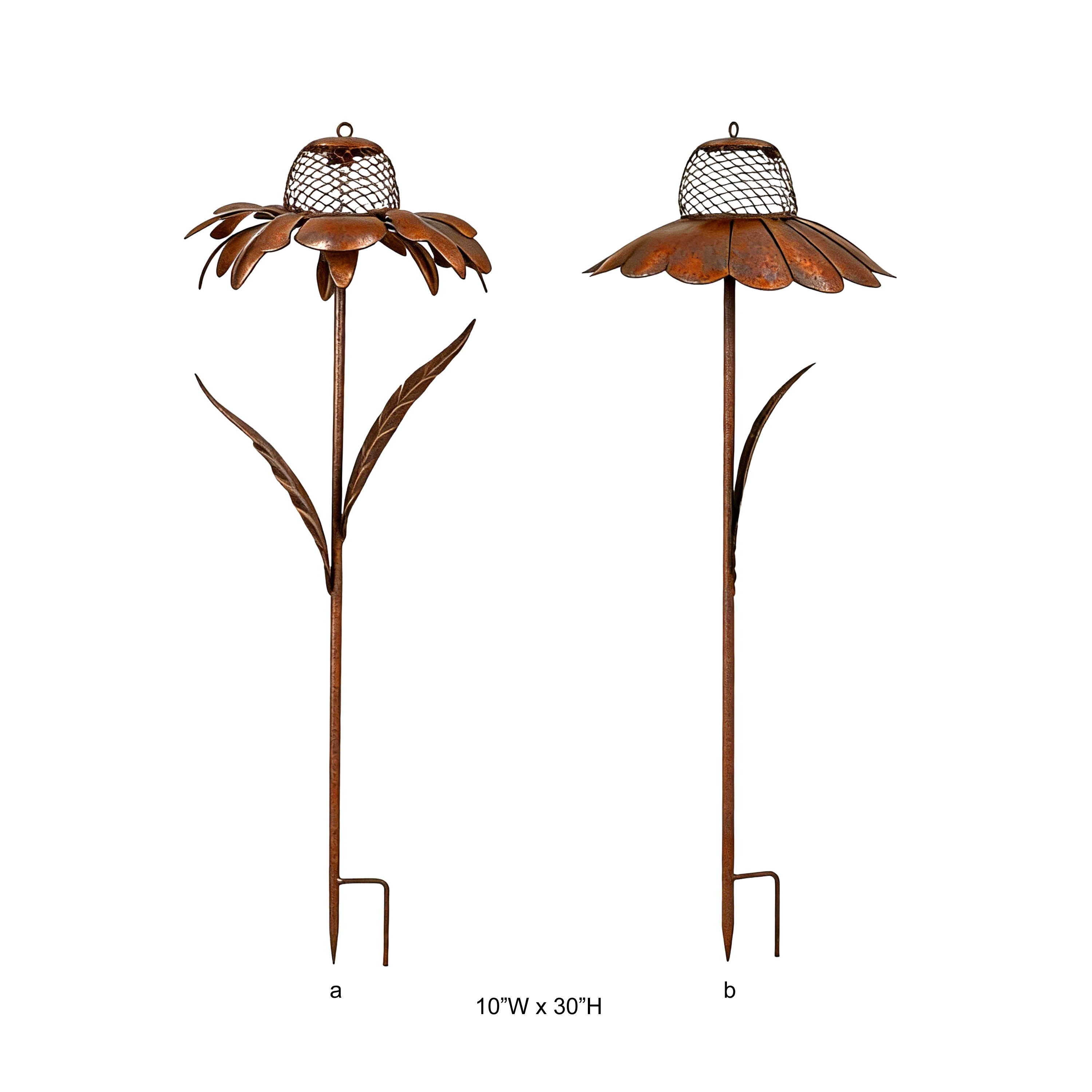 Tri Blossomy 30 Inch 2-Style Weathered Rust Finish Daisy Petal Mesh Cage Bird Seed Feeder Metal Garden Yard Stake Mixed Set