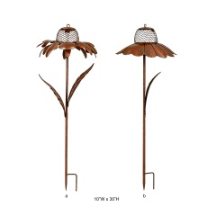 Tri Blossomy 30 Inch 2-Style Weathered Rust Finish Daisy Petal Mesh Cage Bird Seed Feeder Metal Garden Yard Stake Mixed Set