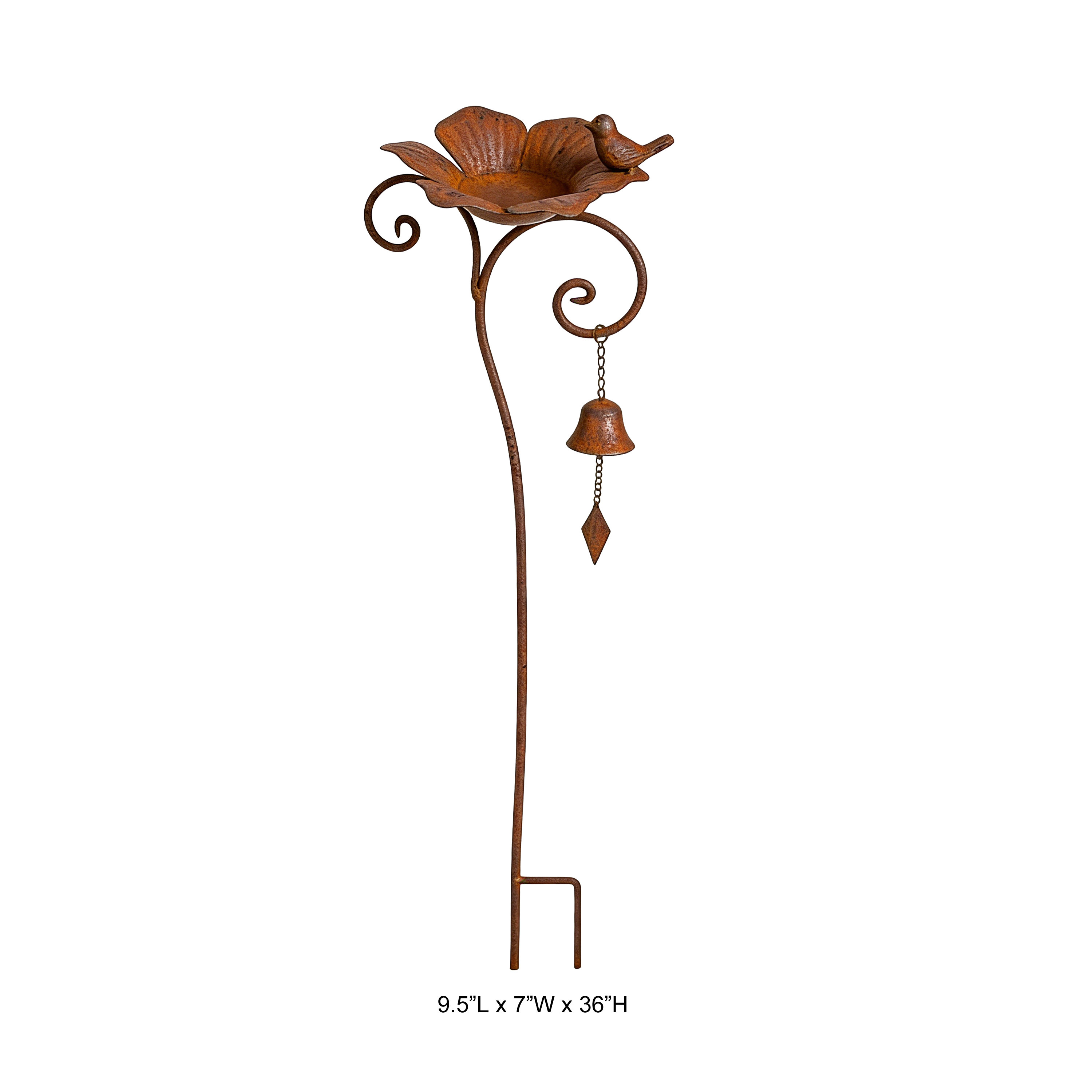 Tri Blossomy 36” Weathered Rust Metal Flower Bird Bath with Bird & Bell Wind Chime Garden Stake