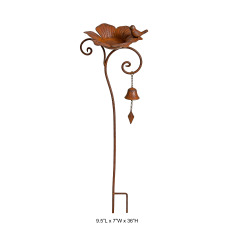 Tri Blossomy 36” Weathered Rust Metal Flower Bird Bath with Bird & Bell Wind Chime Garden Stake