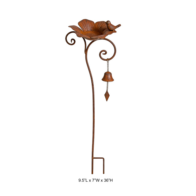 Tri Blossomy 36” Weathered Rust Metal Flower Bird Bath with Bird & Bell Wind Chime Garden Stake