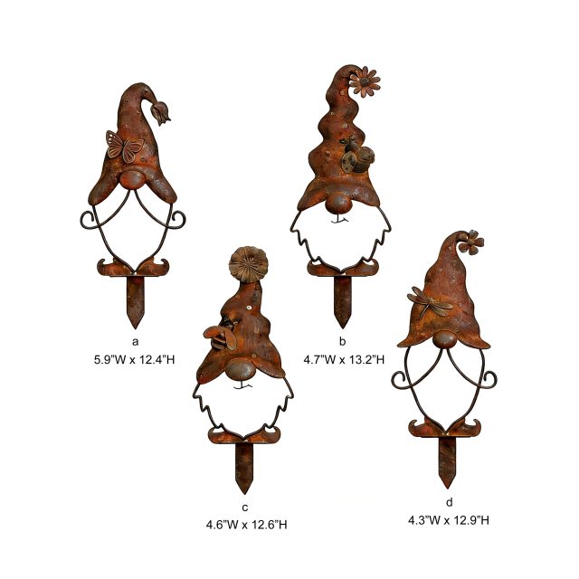 Tri Blossomy 4-Piece Assorted Rustic Weathered Metal Gnome Garden Stake Set