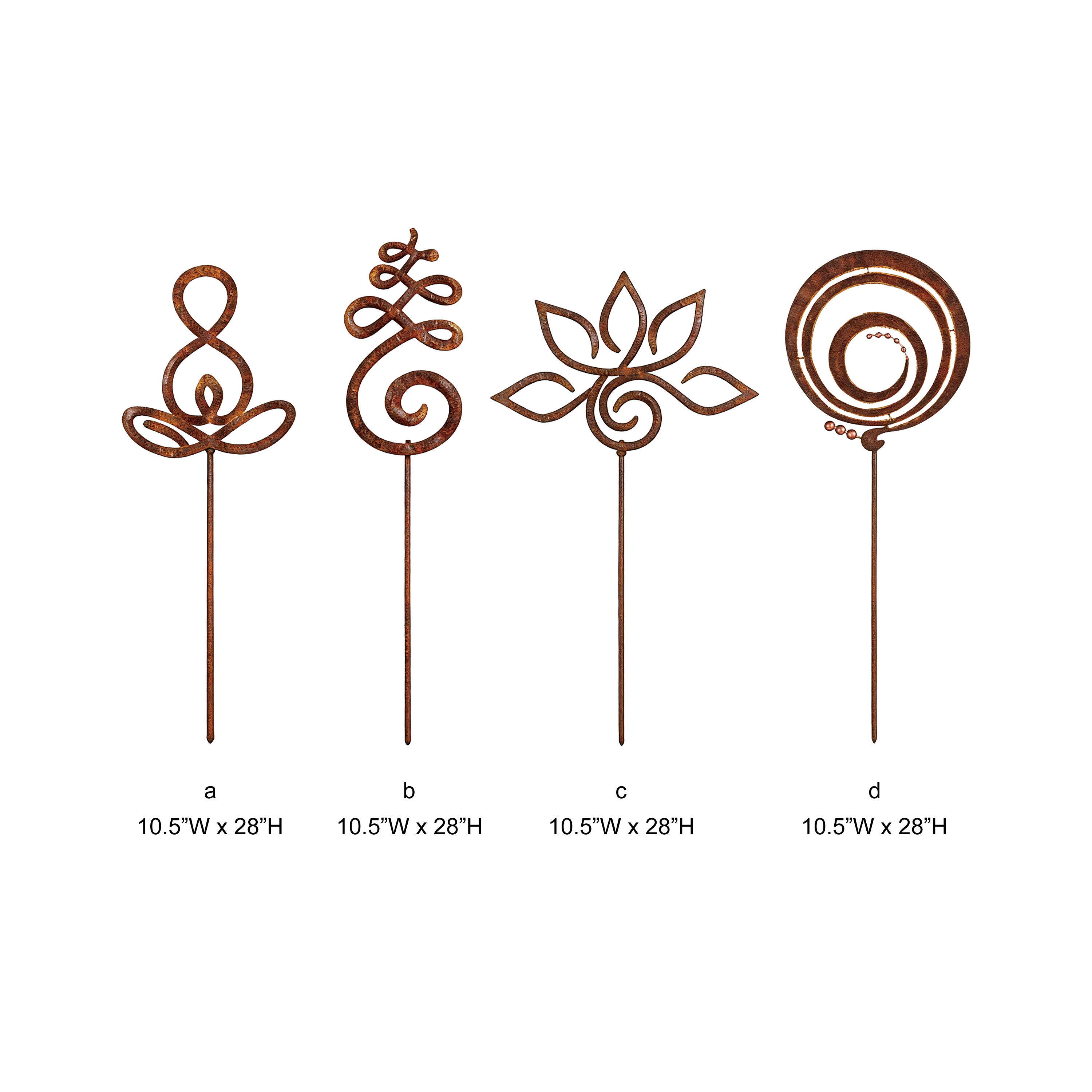 Tri Blossomy 28 Inch 4-Style Weathered Rust Finish Abstract Yoga Lotus Spiral Swirl Cutout Metal Zen Garden Yard Stake Mixed Set