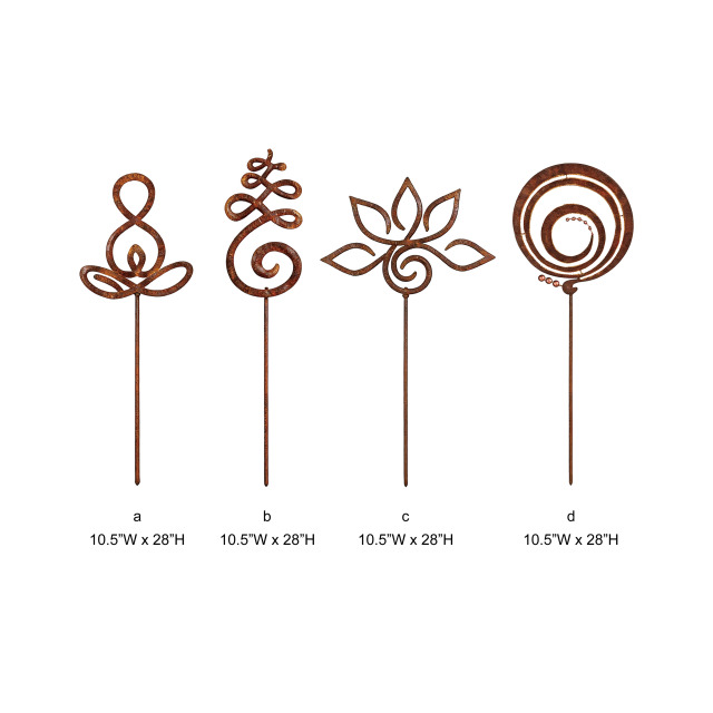Tri Blossomy 28 Inch 4-Style Weathered Rust Finish Abstract Yoga Lotus Spiral Swirl Cutout Metal Zen Garden Yard Stake Mixed Set