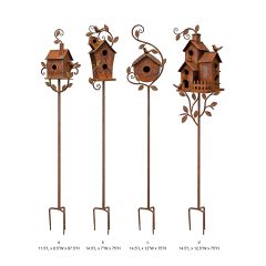Tri Blossomy 4-Style Assorted Weathered Rust Finish Metal Cottage Bird House Leaf & Bird Accent Garden Yard Stake Set