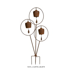 Tri Blossomy 29.25” Rustic Weathered Metal Triple Ring Bell Wind Chime Garden Stake
