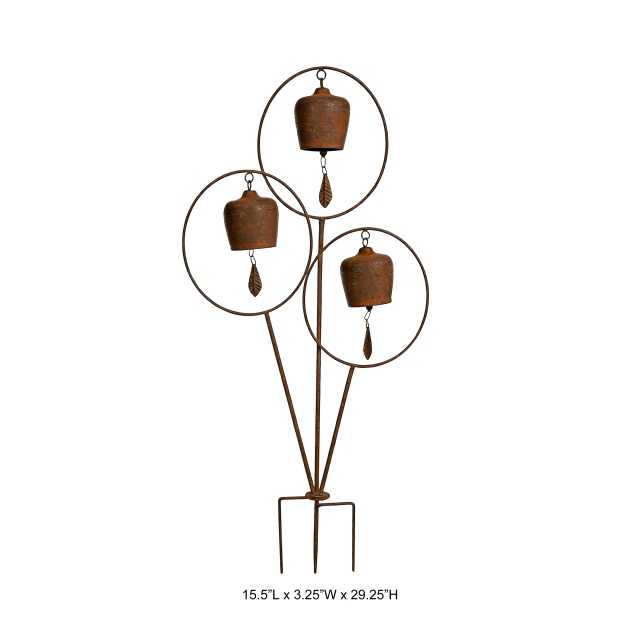 Tri Blossomy 29.25” Rustic Weathered Metal Triple Ring Bell Wind Chime Garden Stake