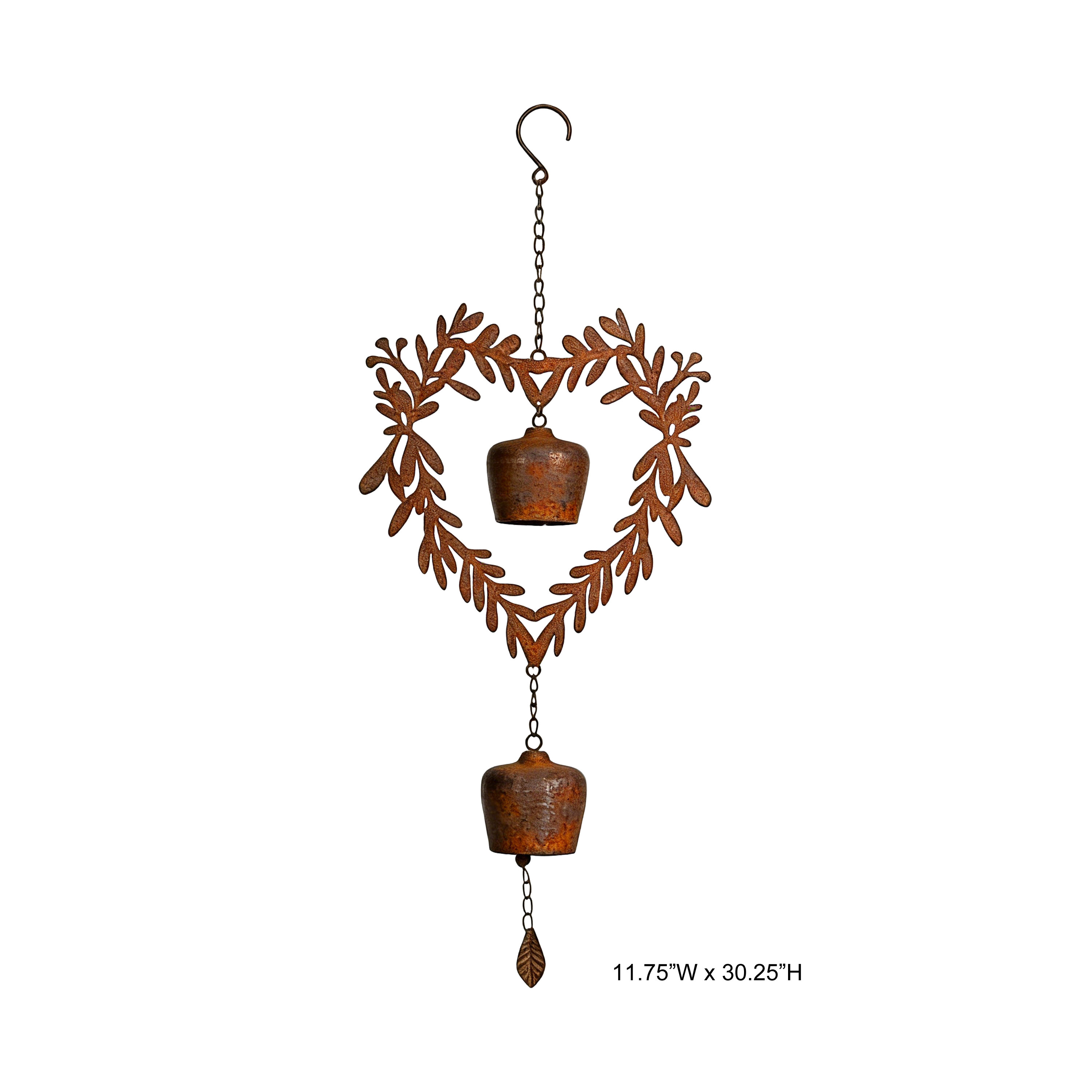 Tri Blossomy Rustic Leaf-Cutout Heart Dual-Bell Metal Wind Chime
