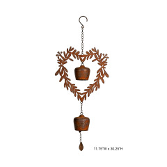 Tri Blossomy Rustic Leaf-Cutout Heart Dual-Bell Metal Wind Chime