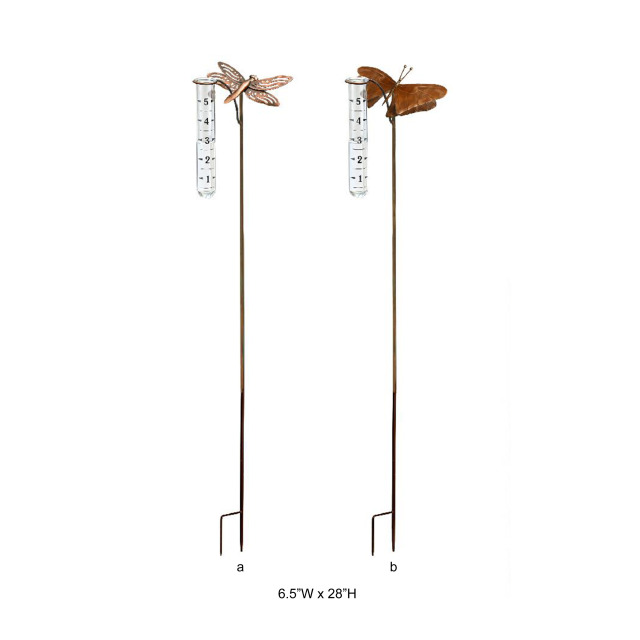 Rustic Dragonfly & Butterfly Metal Rain Gauge Garden Stake
