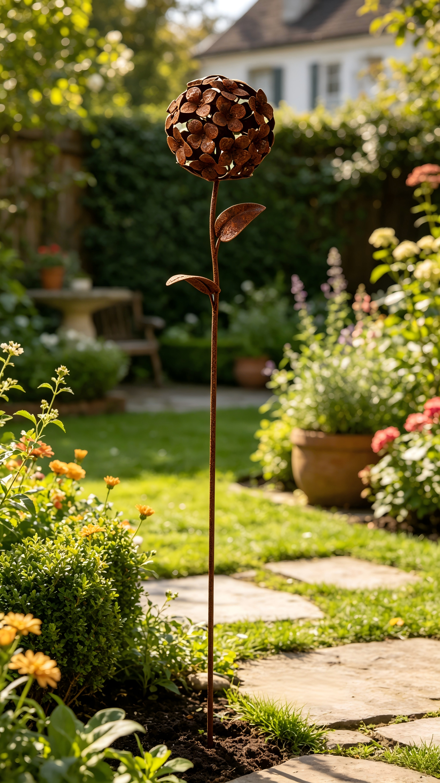Rustic Metal Hydrangea Garden Stake - Tri Blossomy