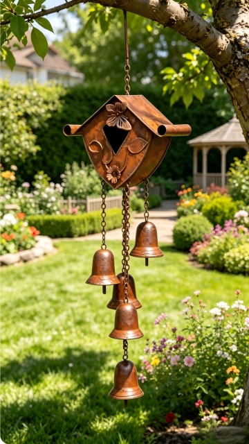 Tri Blossomy 29 Inch Weathered Rust Finish Butterfly & Floral Embossed Bird House Five Metal Bell Hanging Garden Wind Chime