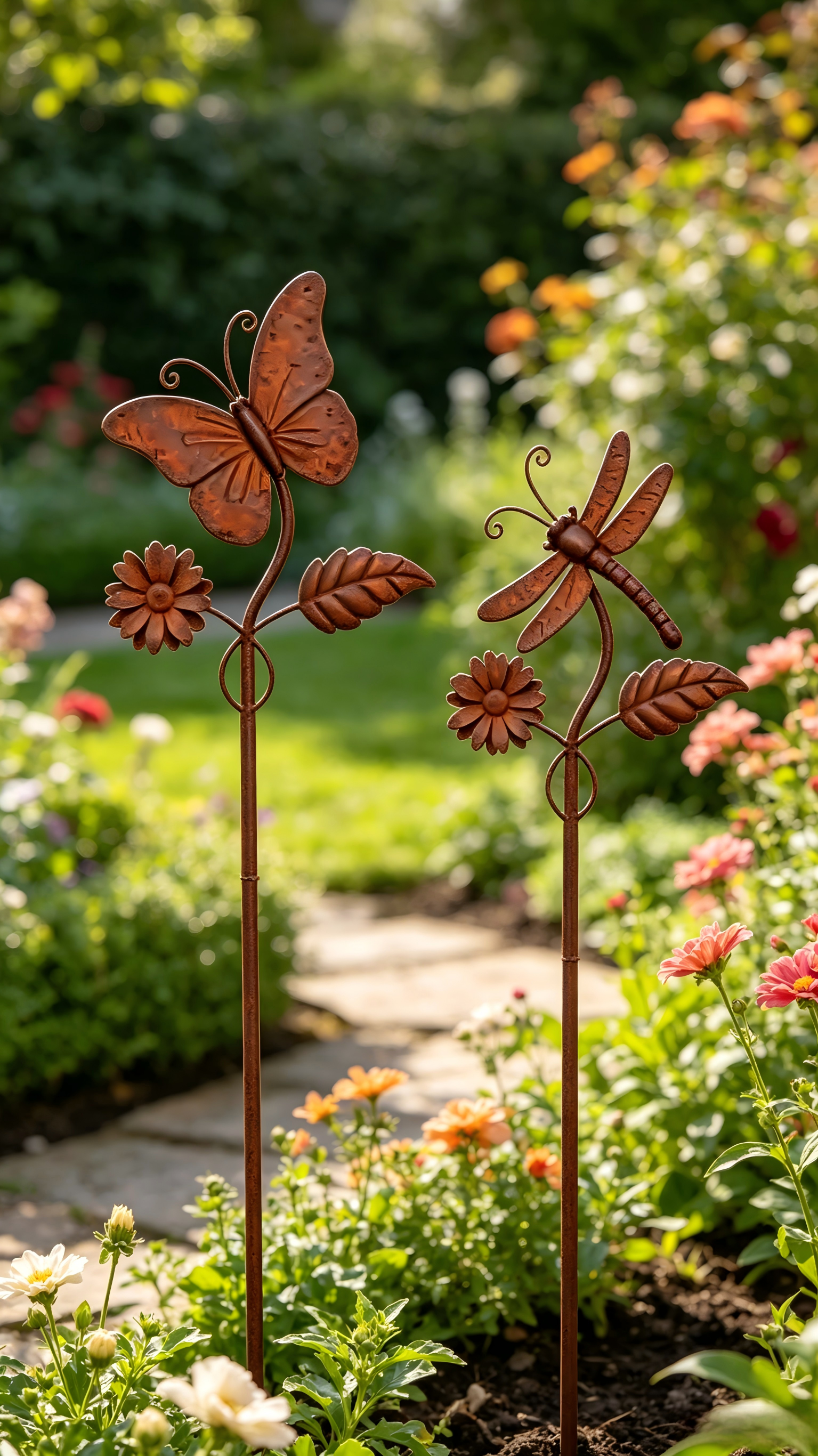Rust Metal Butterfly Dragonfly Flower Garden Stake