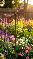 Rustic Beaded Dragonfly Metal Garden Stake