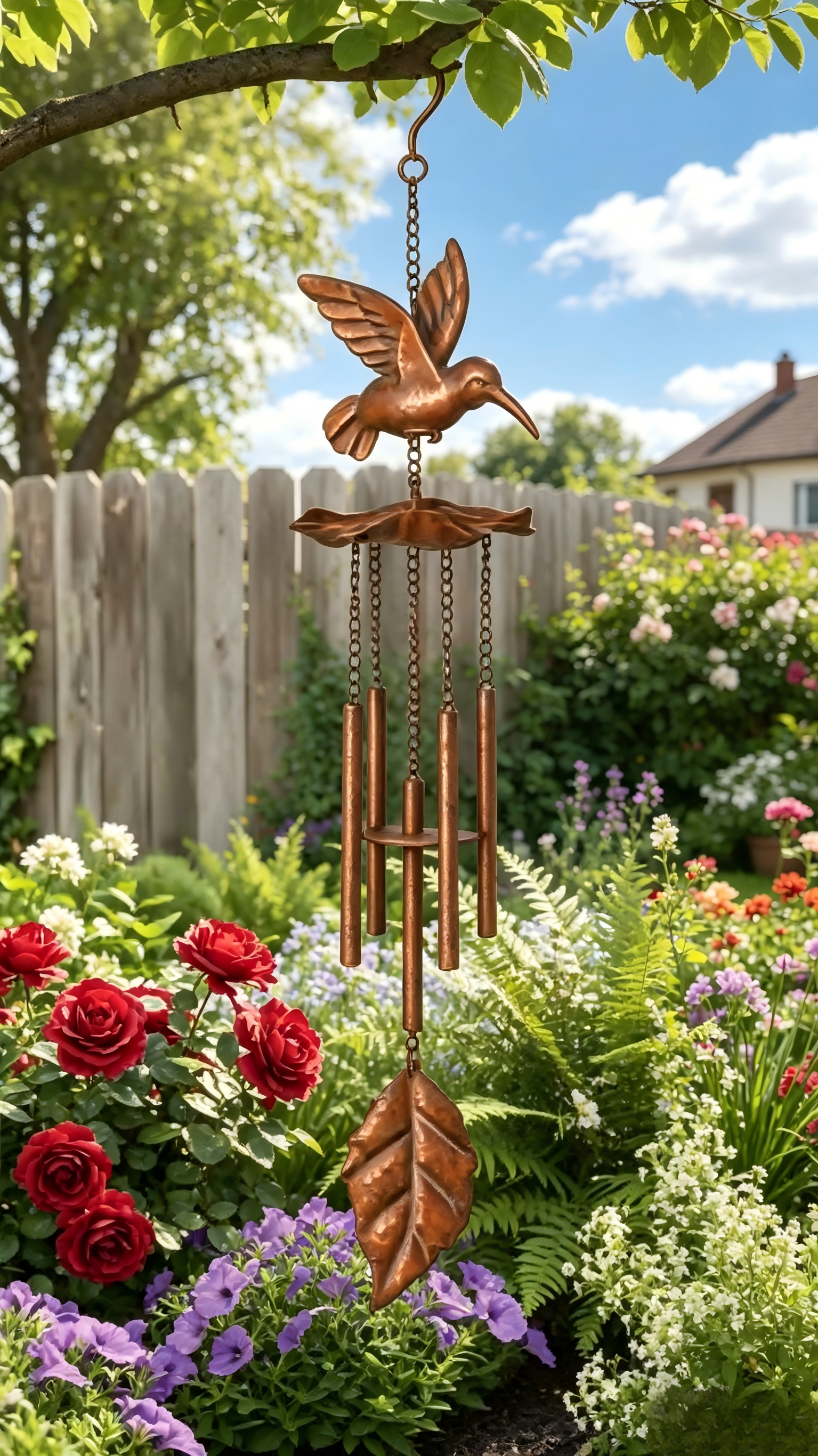 Tri Blossomy Hummingbird Metal Wind Chime - Rustic Outdoor Garden Hanging Decor
