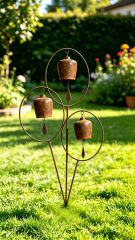 Tri Blossomy 29.25” Rustic Weathered Metal Triple Ring Bell Wind Chime Garden Stake