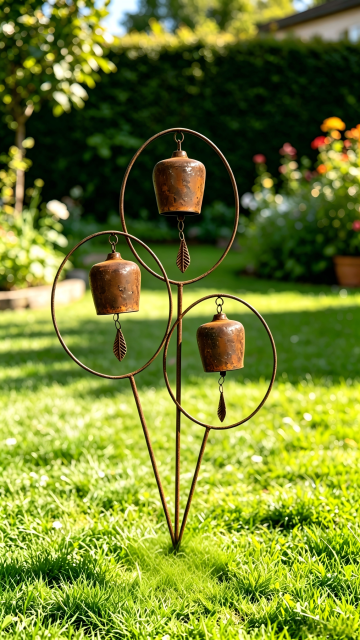 Tri Blossomy 29.25” Rustic Weathered Metal Triple Ring Bell Wind Chime Garden Stake