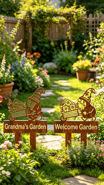 Rustic Corten Style Gnome Garden Stake Sign