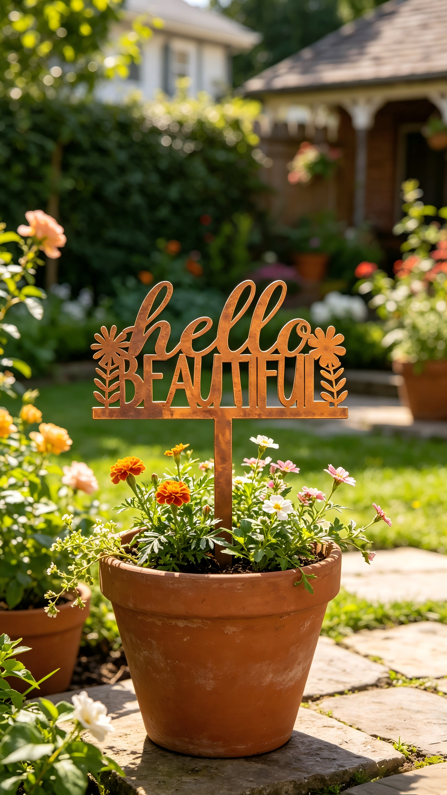 Tri Blossomy 10 Inch Weathered Rust Finish Hello Beautiful Script Text Daisy Floral Cutout Metal Garden Yard Sign Stake