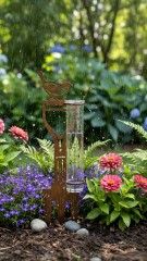 Tri Blossomy 14.5 Inch Weathered Rust Finish Perched Bird Cutout Silhouette Metal Garden Stake with Graduated Glass Rain Gauge Tube
