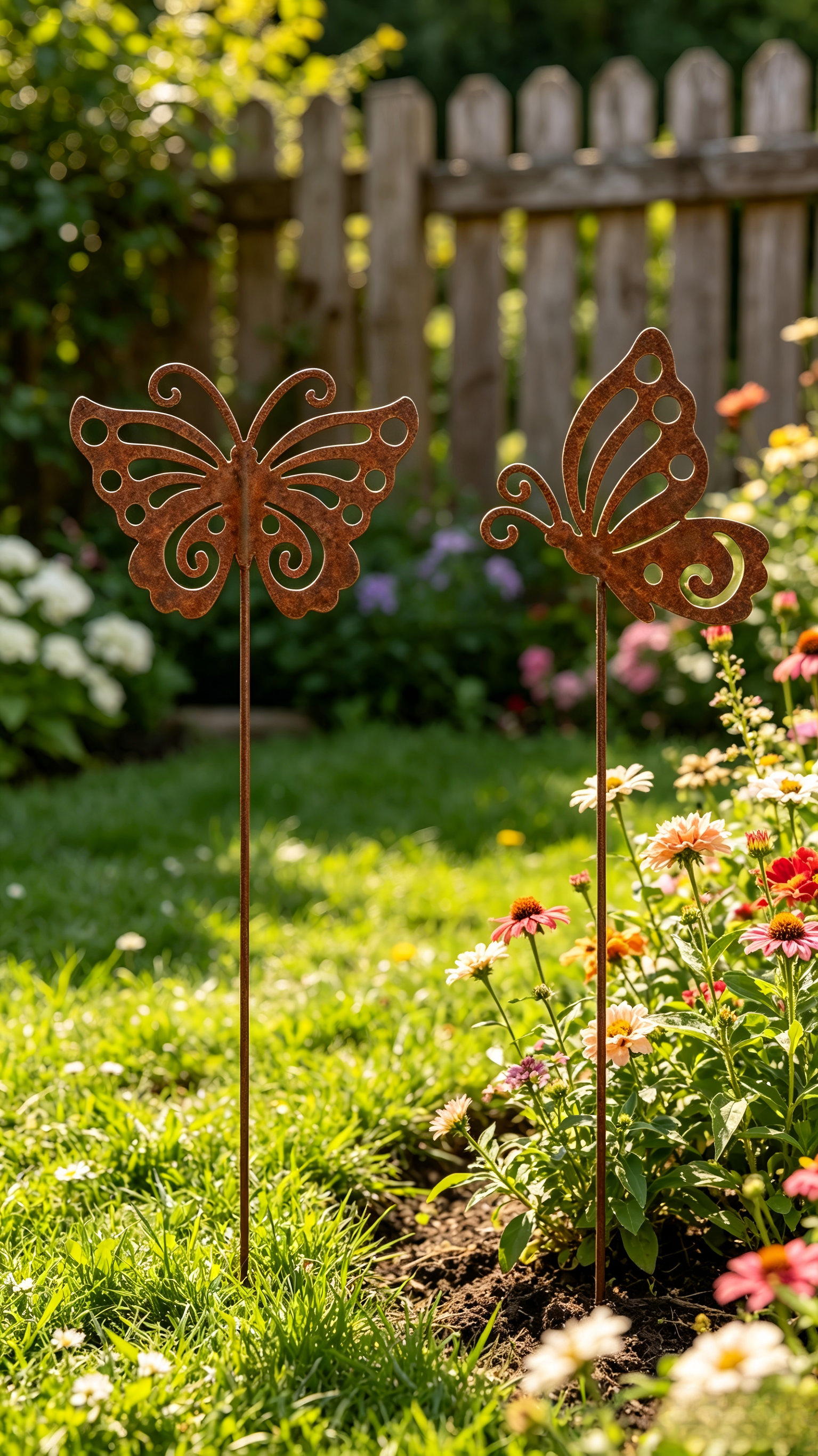 Tri Blossomy 42” Rustic Weathered Metal Butterfly Garden Stake Set - 2 Designs