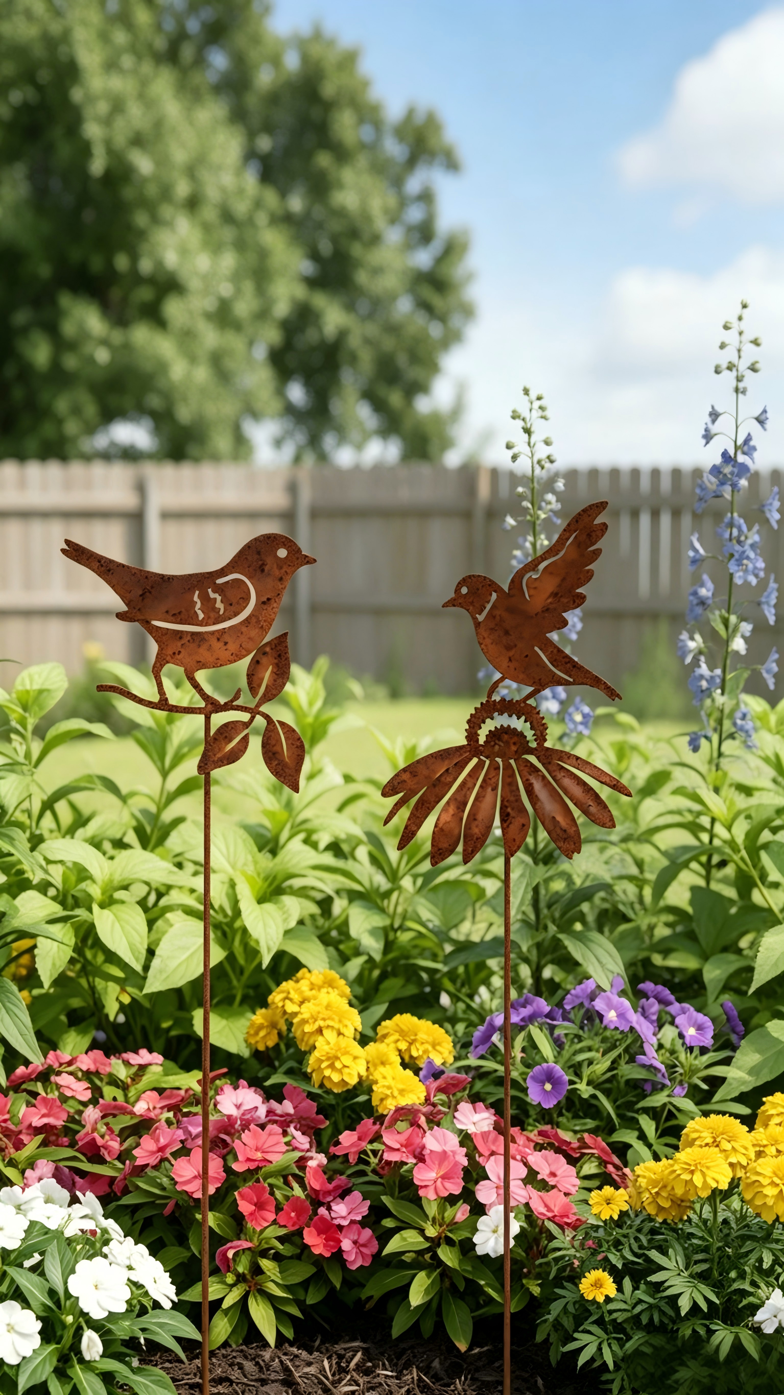 Rustic Metal Bird Flower Garden Stake