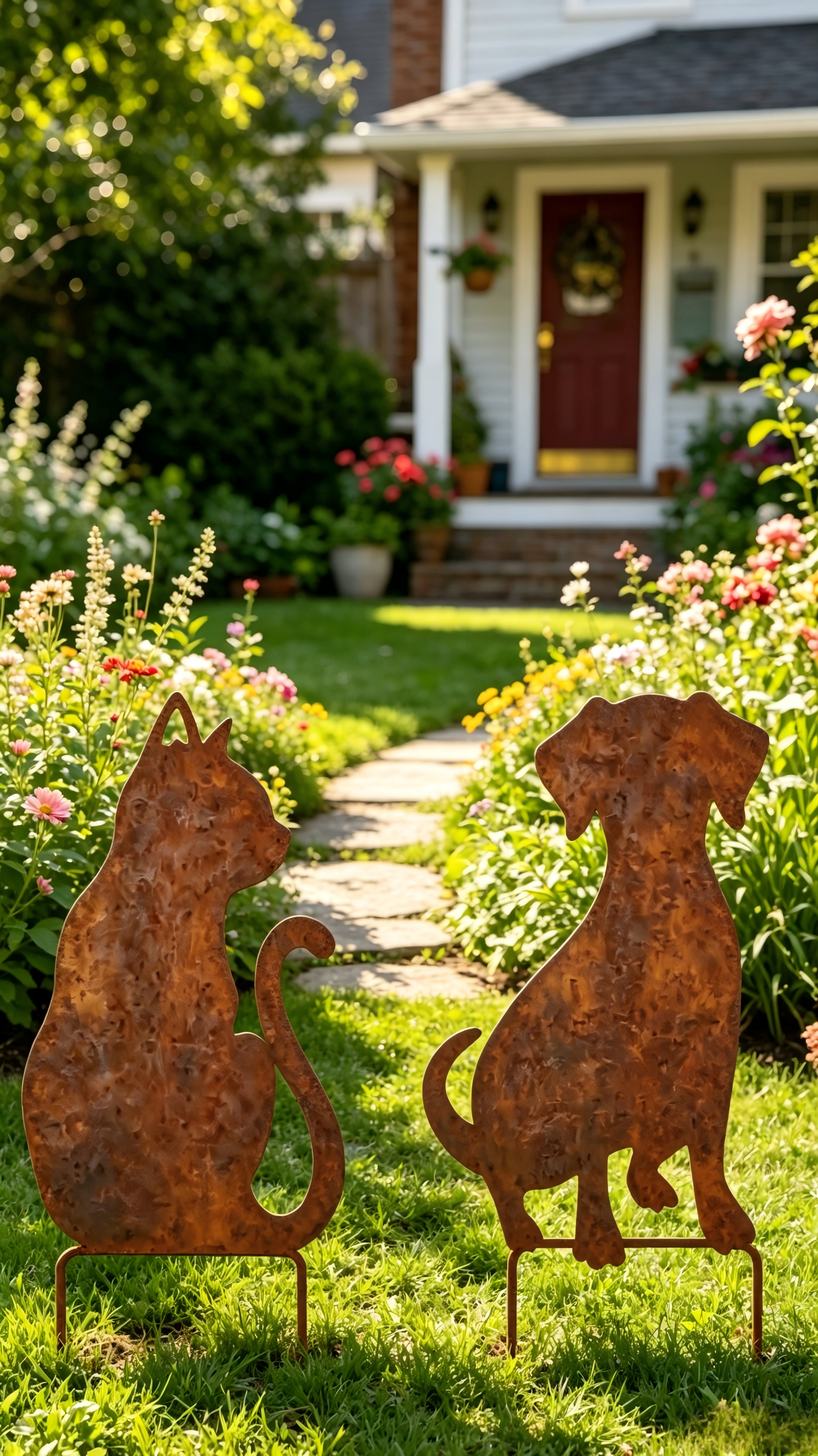 Rustic Metal Cat & Dog Silhouette Garden Stake