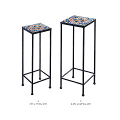 Talavera Hand-Painted Tile Top Tall Iron Plant Stand