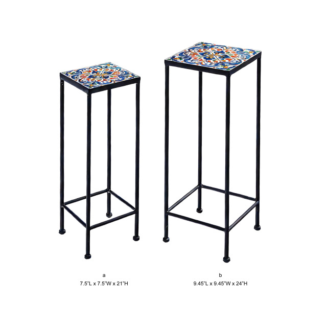 Talavera Hand-Painted Tile Top Tall Iron Plant Stand