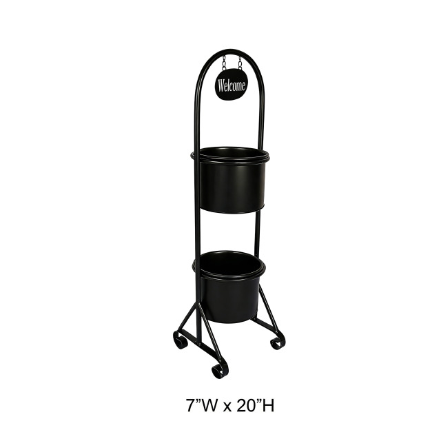 2-Tier Metal Plant Stand with Wheels and Welcome Tag