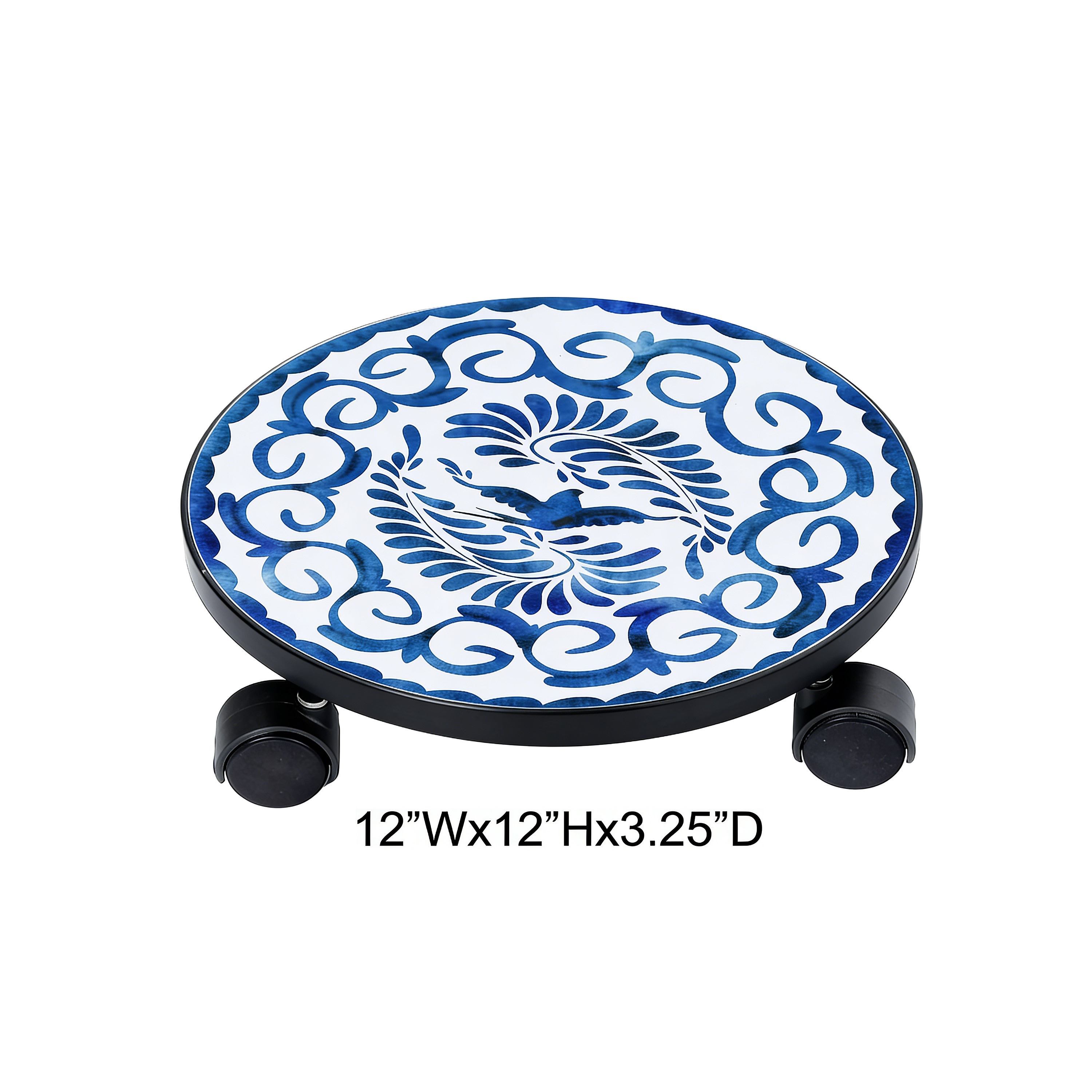 Tri Blossomy 12” Round Classic Blue & White Swallow Scroll Printed Tile Top Rolling Lockable Caster Plant Caddy Dolly