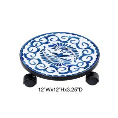 Tri Blossomy 12” Round Classic Blue & White Swallow Scroll Printed Tile Top Rolling Lockable Caster Plant Caddy Dolly