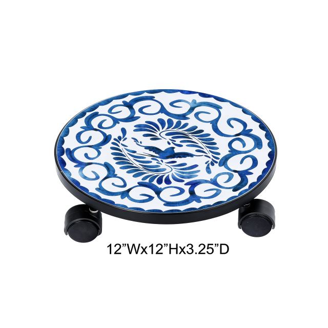 Tri Blossomy 12” Round Classic Blue & White Swallow Scroll Printed Tile Top Rolling Lockable Caster Plant Caddy Dolly
