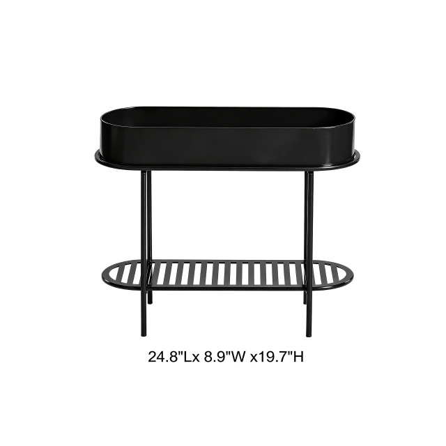 Tri Blossomy 19.7” 2-Tier Matte Black Oval Metal Plant Stand with Deep Solid Upper Tray & Slatted Lower Storage Shelf