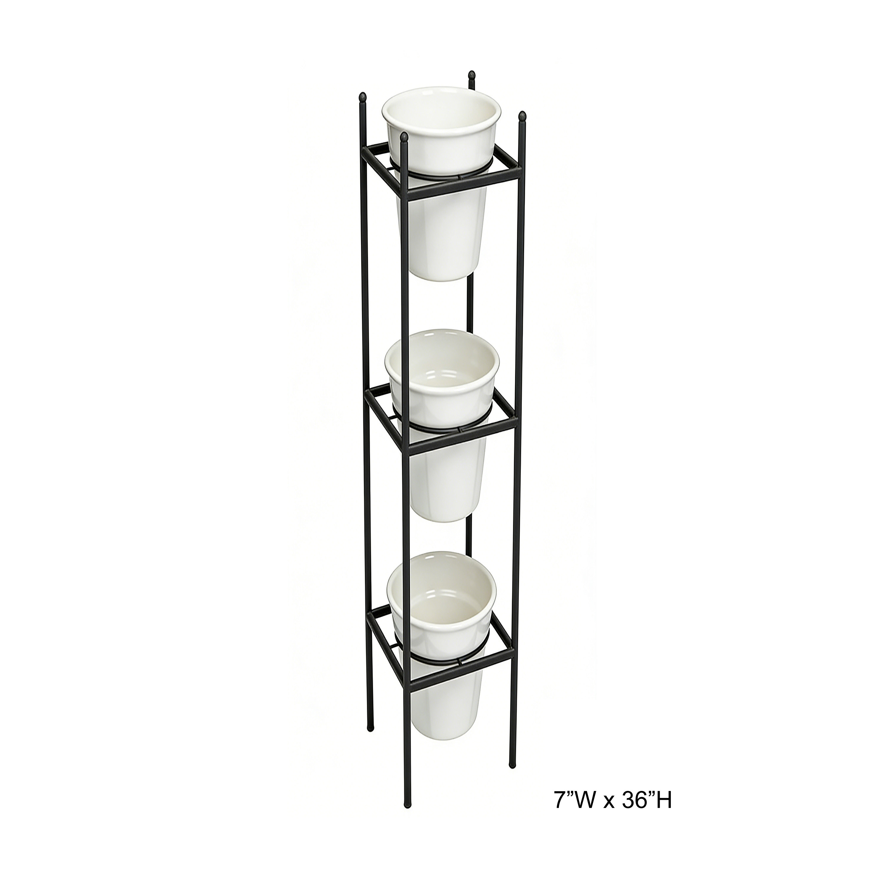 Tri Blossomy 36” Slim 3-Tier Matte Black Vertical Metal Plant Stand Complete Set with 3 Matching White Ceramic Planter Pots