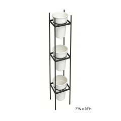 Tri Blossomy 36” Slim 3-Tier Matte Black Vertical Metal Plant Stand Complete Set with 3 Matching White Ceramic Planter Pots