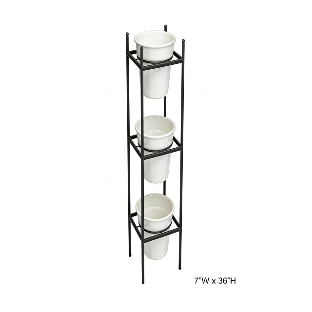 Tri Blossomy 36” Slim 3-Tier Matte Black Vertical Metal Plant Stand Complete Set with 3 Matching White Ceramic Planter Pots