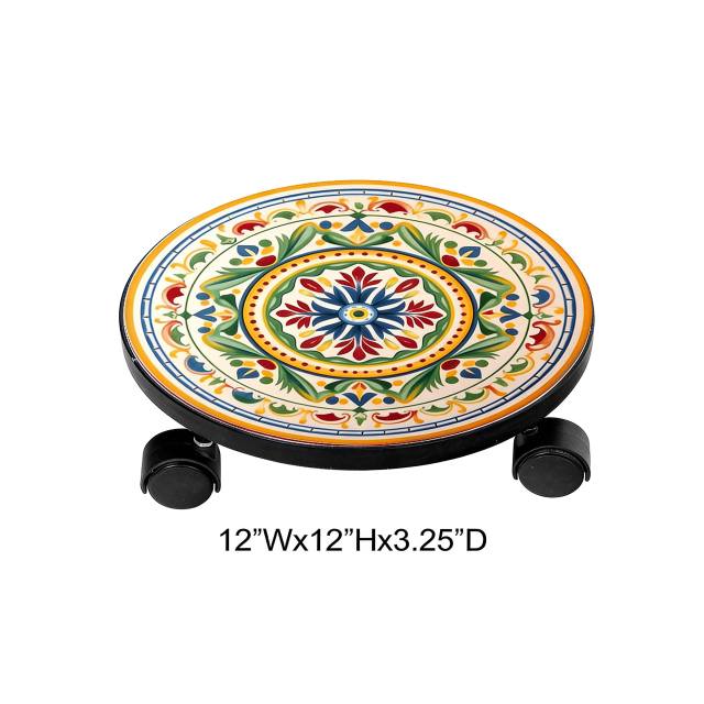 Tri Blossomy 12” Round Mediterranean Hand-Painted Floral Tile Top Rolling Lockable Caster Plant Caddy Dolly