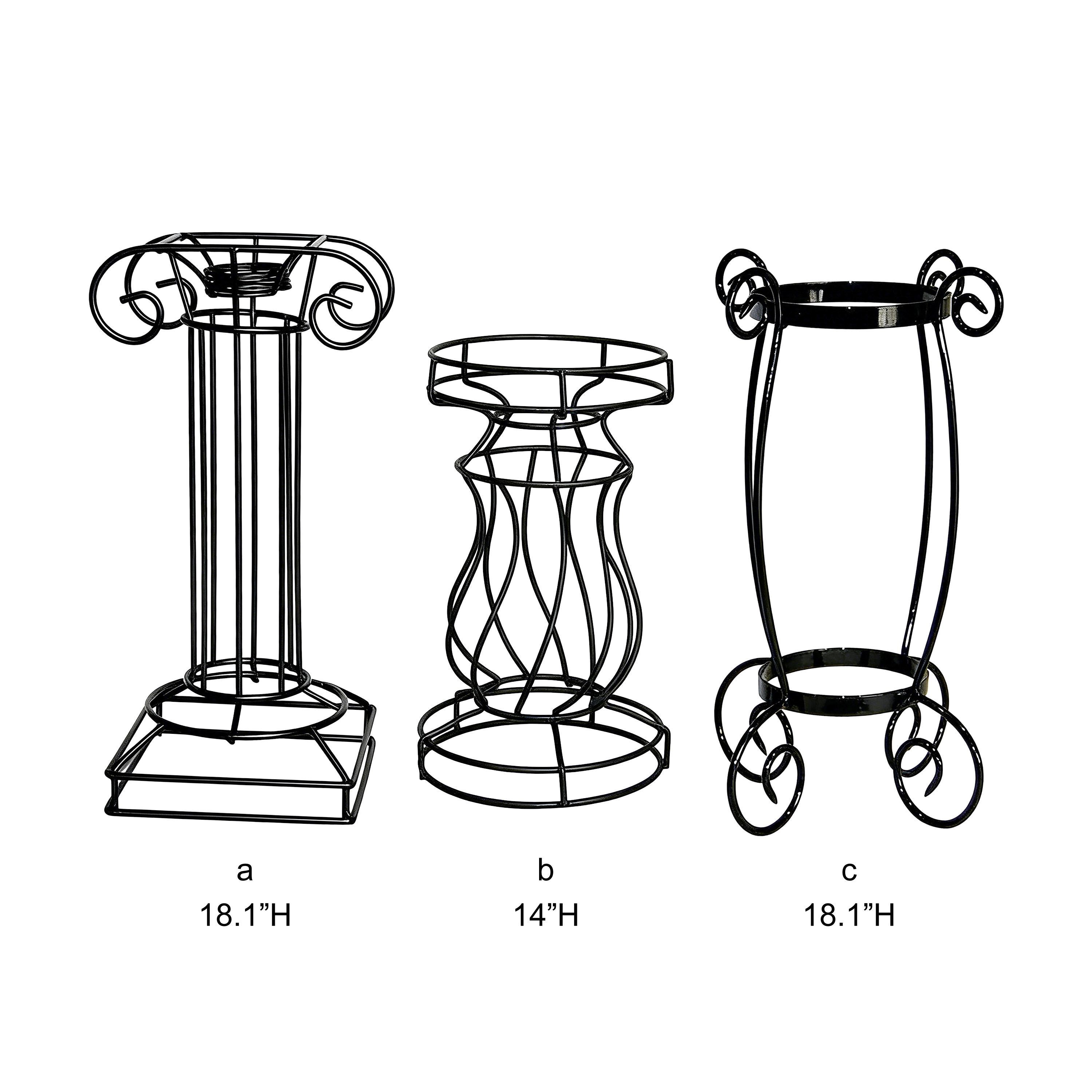 Tri Blossomy Assorted 3-Style Vintage Scroll Matte Black Wrought Iron Plant Pedestal Stand Assortment