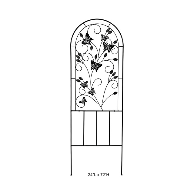 Tri Blossomy 72” Matte Black Arched Butterfly & Leaf Scroll Wrought Iron Climbing Vine Garden Trellis