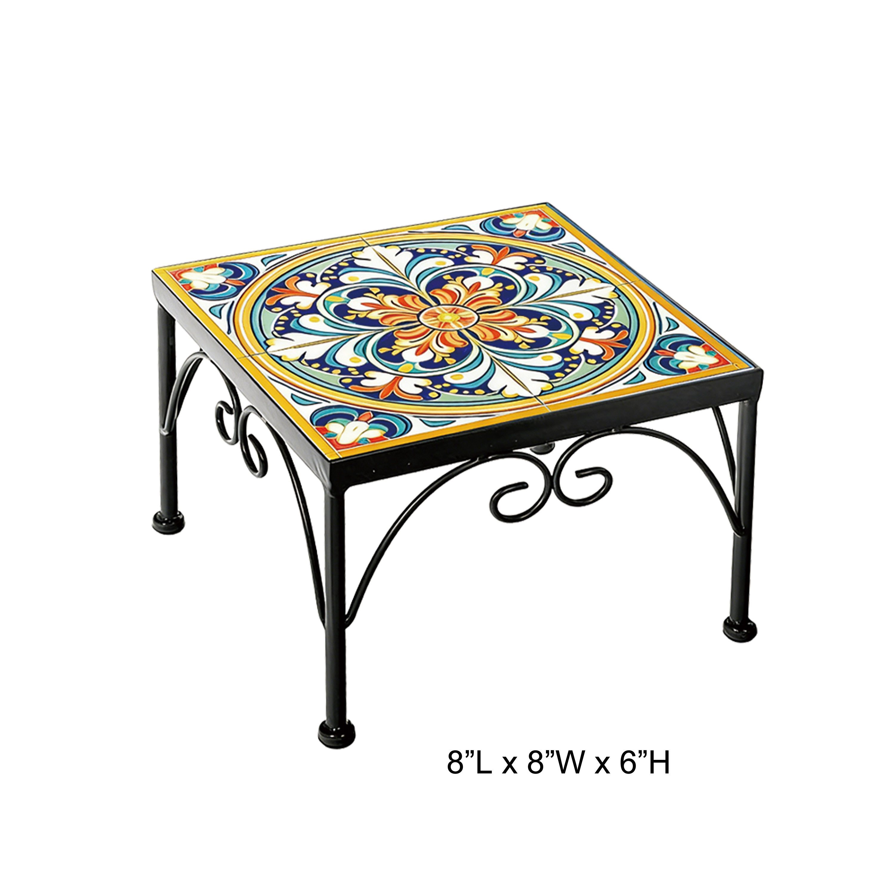 Mediterranean Hand Painted Tile Top Square Mini Metal Plant Stand