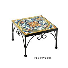 Mediterranean Hand Painted Tile Top Square Mini Metal Plant Stand