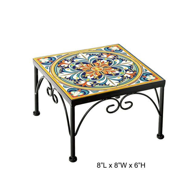 Mediterranean Hand Painted Tile Top Square Mini Metal Plant Stand