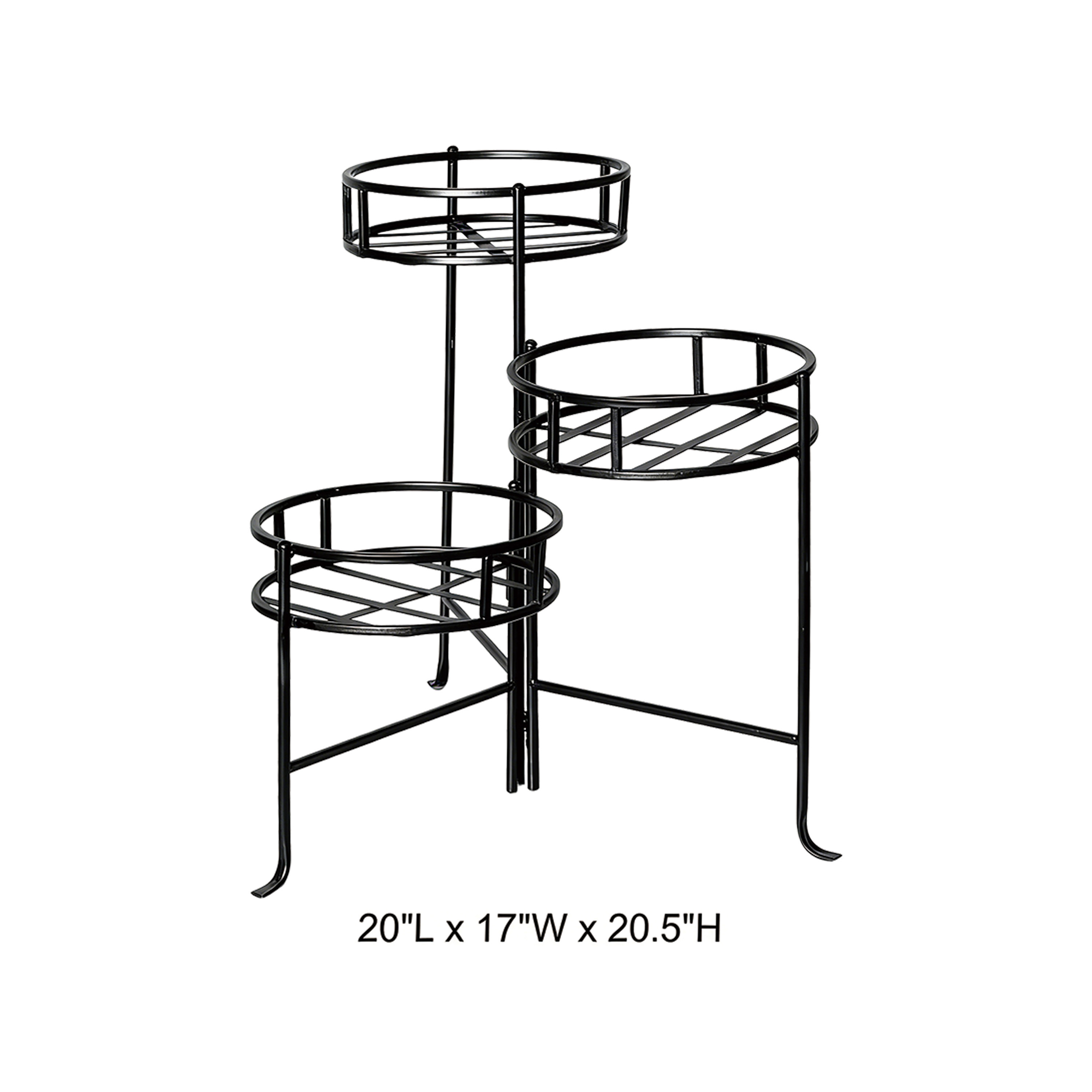 Tri Blossomy 20.5” 3-Tier Staggered Round Slatted Matte Black Metal Plant Stand